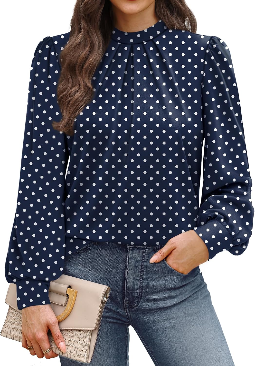 WIHOLL Long Sleeve Shirts for Women Mock Neck Tops Pleated Front Blouses Dressy Casual Spring Fall Clothes 2026 Fashion
