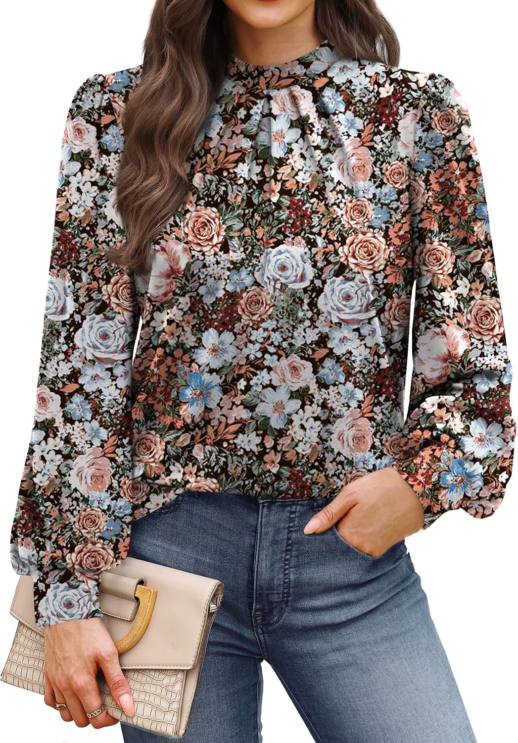 WIHOLL Long Sleeve Shirts for Women Mock Neck Tops Pleated Front Blouses Dressy Casual Spring Fall Clothes 2026 Fashion