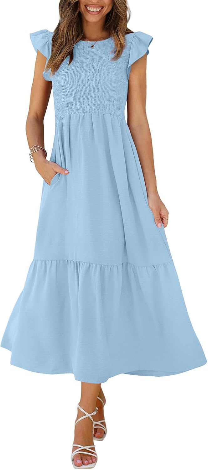 OFEEFAN Women's Casual Maxi Dresses with Pockets Ruffle Sleeve Smocked Dress XS-2XL