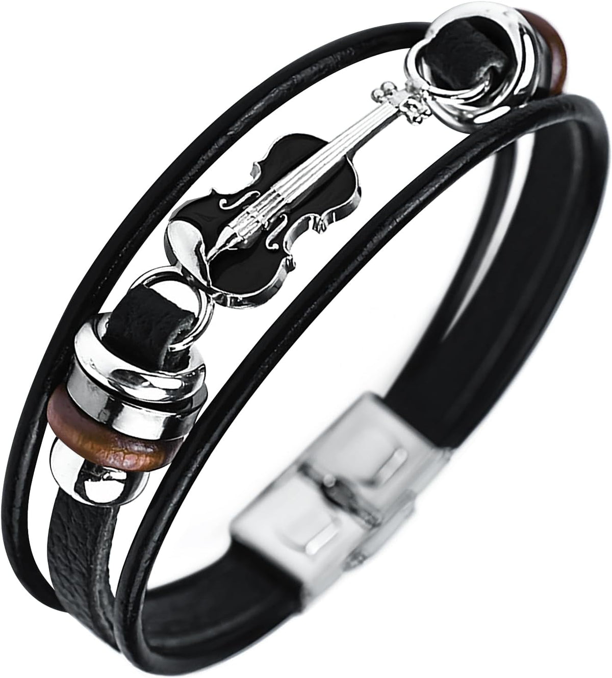 Retro Guitar Leather Bracelet for Man Women Unique Bead Braided Handmade Ethnic Tribal Cuff Multi-Layer Cords Wrap Music Shape Punk Rock Jewelry Gifts Wristband