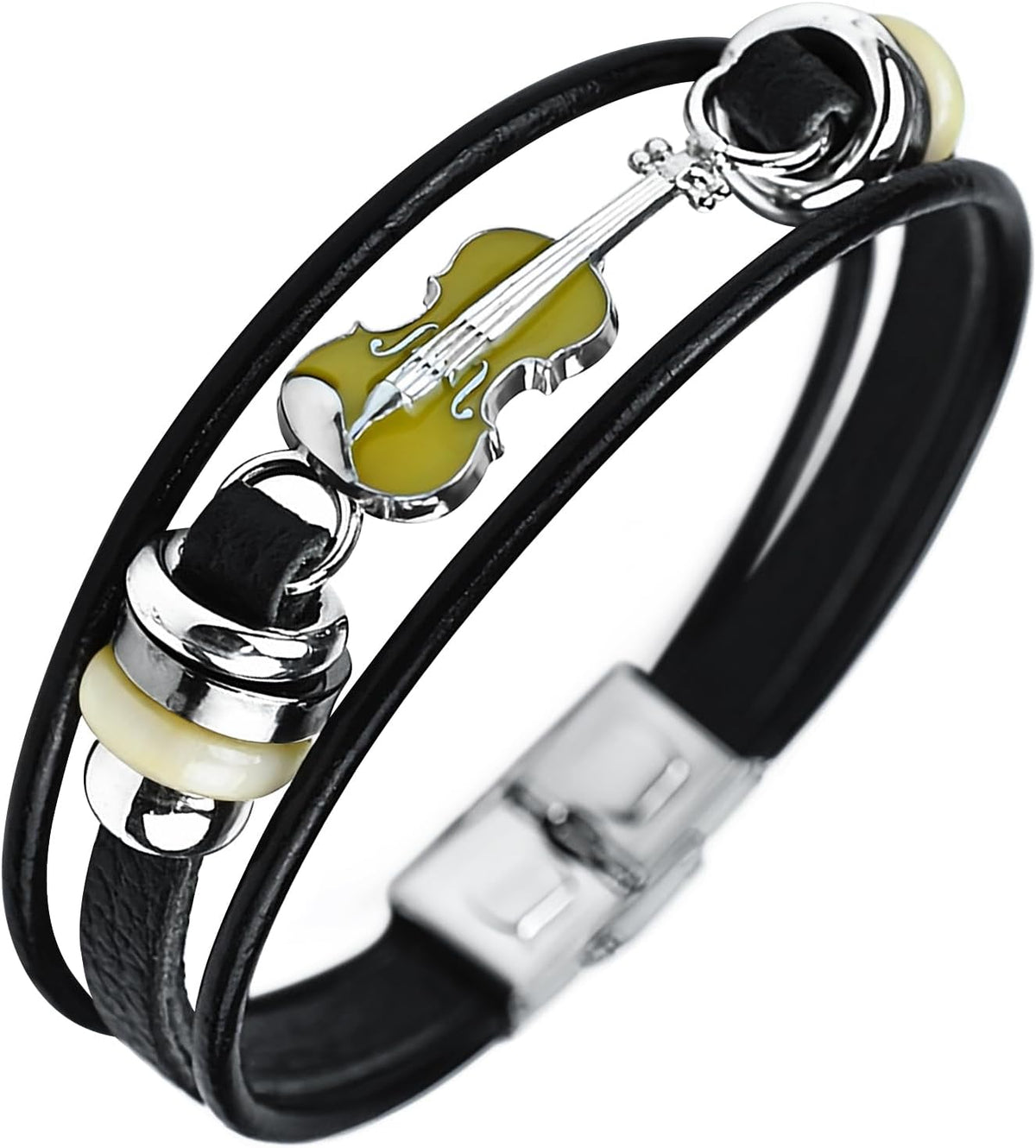 Retro Guitar Leather Bracelet for Man Women Unique Bead Braided Handmade Ethnic Tribal Cuff Multi-Layer Cords Wrap Music Shape Punk Rock Jewelry Gifts Wristband