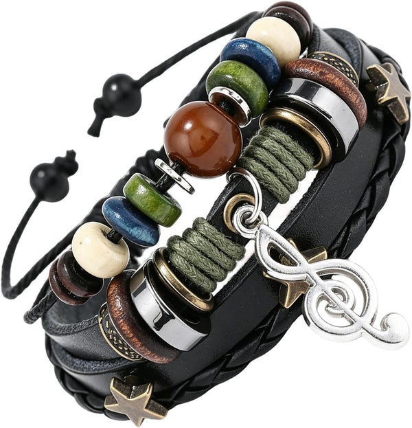 Retro Guitar Leather Bracelet for Man Women Unique Bead Braided Handmade Ethnic Tribal Cuff Multi-Layer Cords Wrap Music Shape Punk Rock Jewelry Gifts Wristband