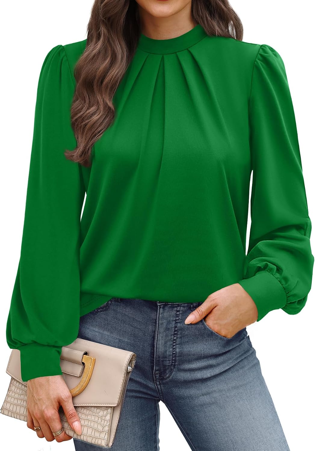 WIHOLL Long Sleeve Shirts for Women Mock Neck Tops Pleated Front Blouses Dressy Casual Spring Fall Clothes 2026 Fashion