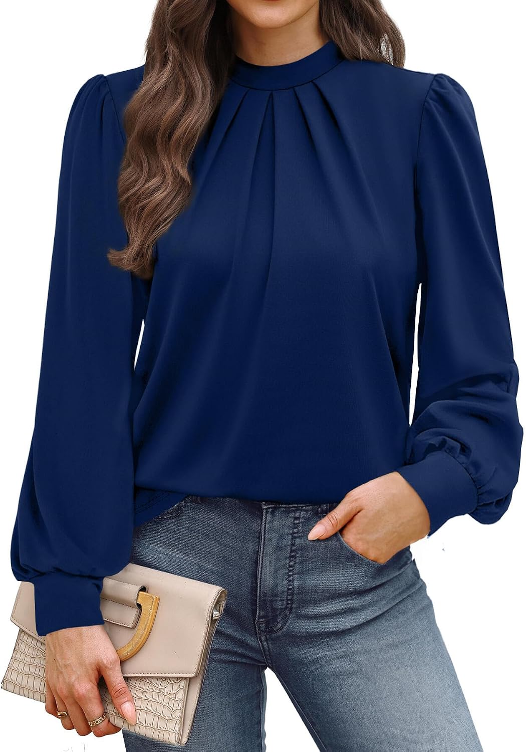 WIHOLL Long Sleeve Shirts for Women Mock Neck Tops Pleated Front Blouses Dressy Casual Spring Fall Clothes 2026 Fashion