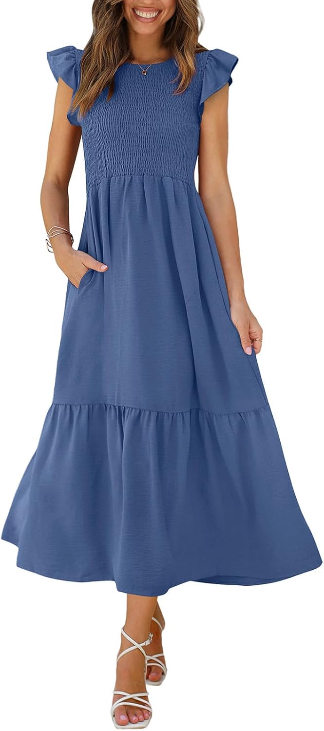 OFEEFAN Women's Casual Maxi Dresses with Pockets Ruffle Sleeve Smocked Dress XS-2XL