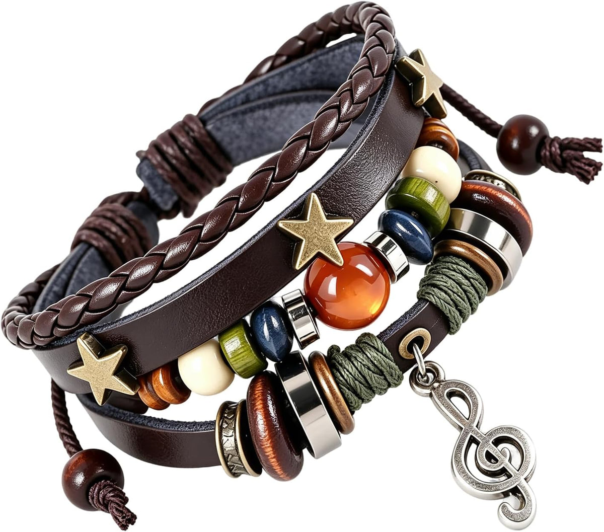 Retro Guitar Leather Bracelet for Man Women Unique Bead Braided Handmade Ethnic Tribal Cuff Multi-Layer Cords Wrap Music Shape Punk Rock Jewelry Gifts Wristband