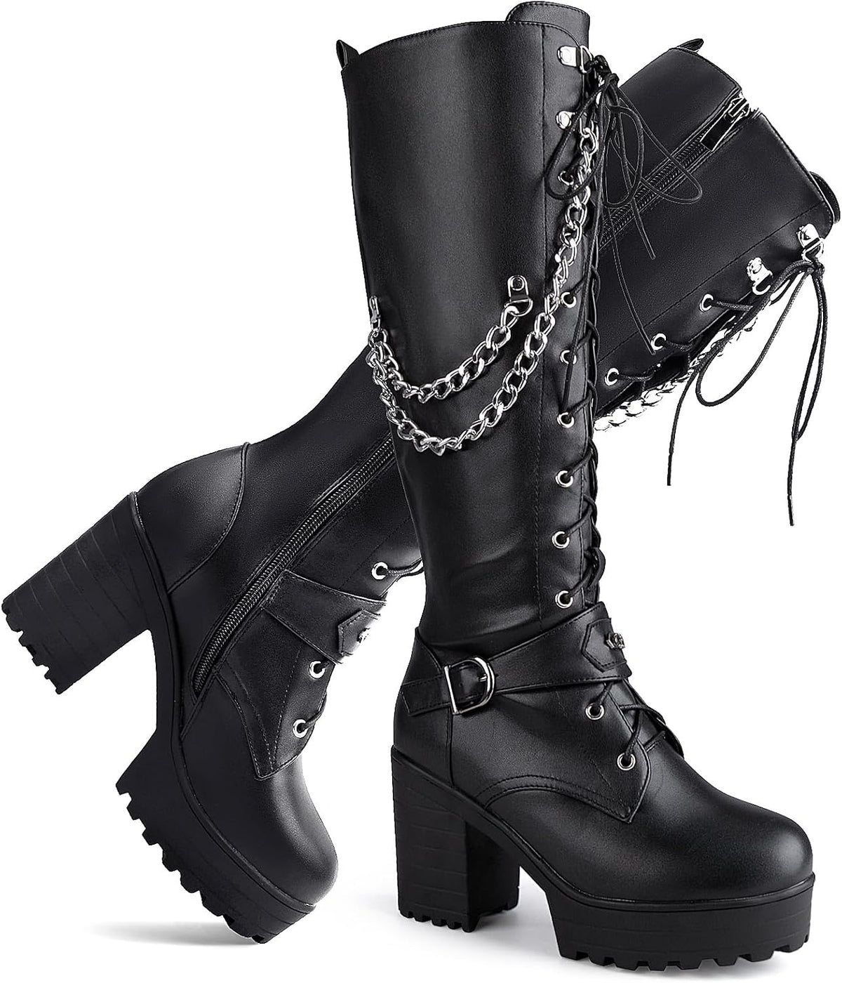 Ladies' Boots Women Fashion Platform Block Heels Knee High Boots Lace up