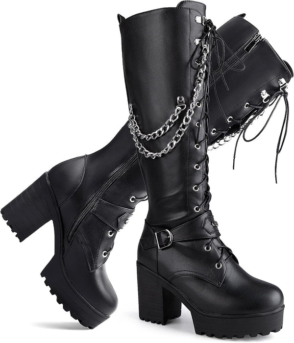 Ladies' Boots Women Fashion Platform Block Heels Knee High Boots Lace up