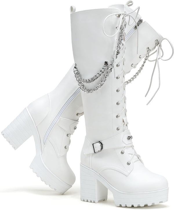 Ladies' Boots Women Fashion Platform Block Heels Knee High Boots Lace up