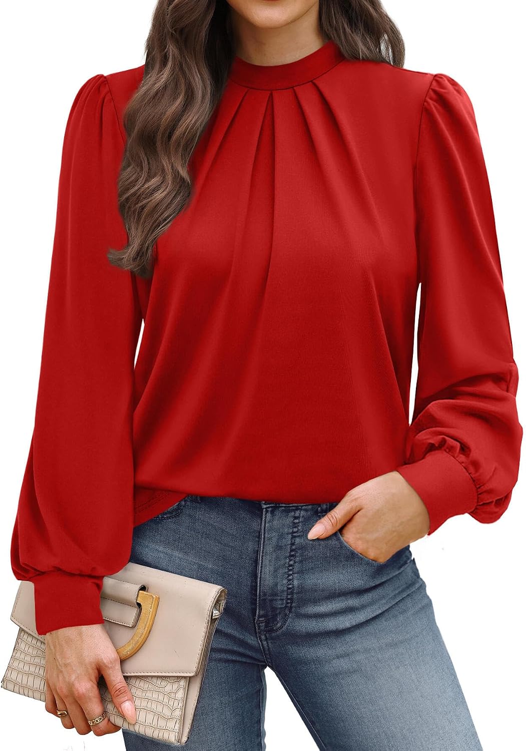WIHOLL Long Sleeve Shirts for Women Mock Neck Tops Pleated Front Blouses Dressy Casual Spring Fall Clothes 2026 Fashion