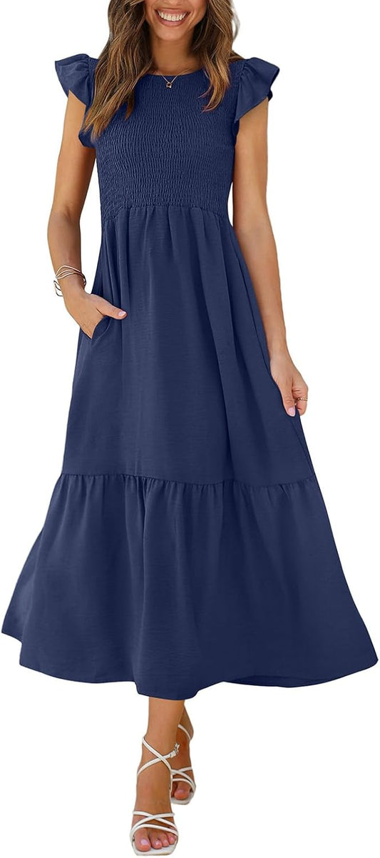 OFEEFAN Women's Casual Maxi Dresses with Pockets Ruffle Sleeve Smocked Dress XS-2XL