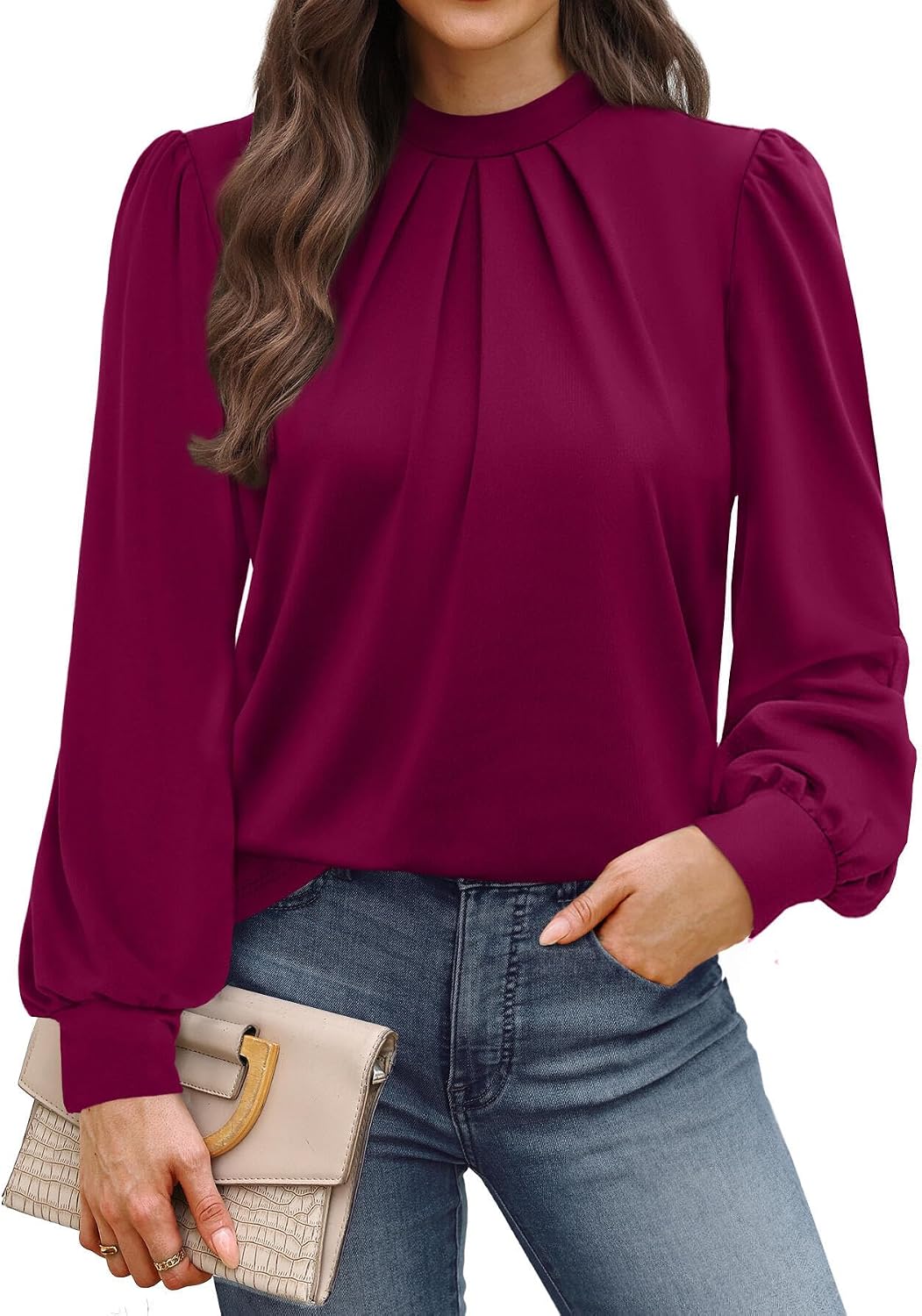 WIHOLL Long Sleeve Shirts for Women Mock Neck Tops Pleated Front Blouses Dressy Casual Spring Fall Clothes 2026 Fashion