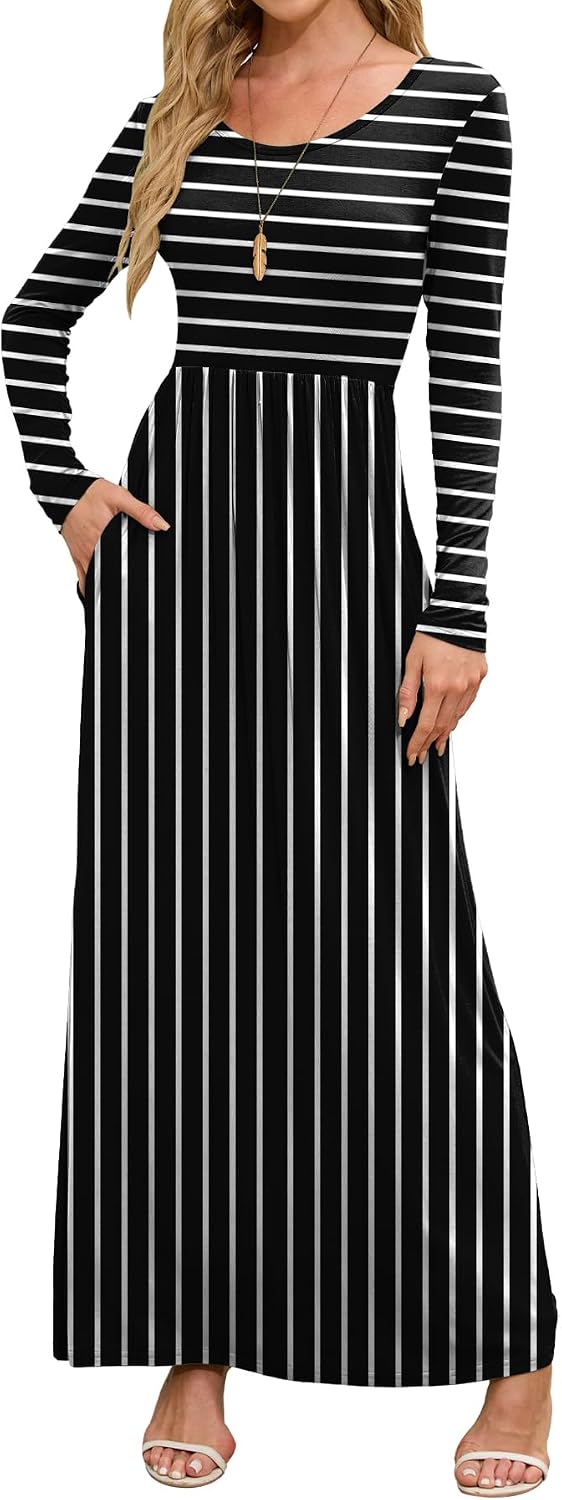 DEARCASE Women's Maxi Dress Long Sleeve Crewneck Empire Waist Long Dresses