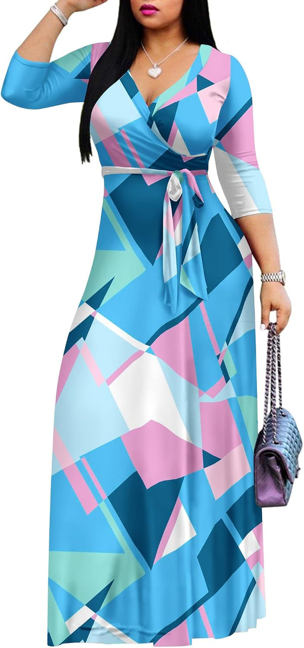 AOMONI Women's Maxi Dresses Summer Casual Wrap Tie Waist Long Dress