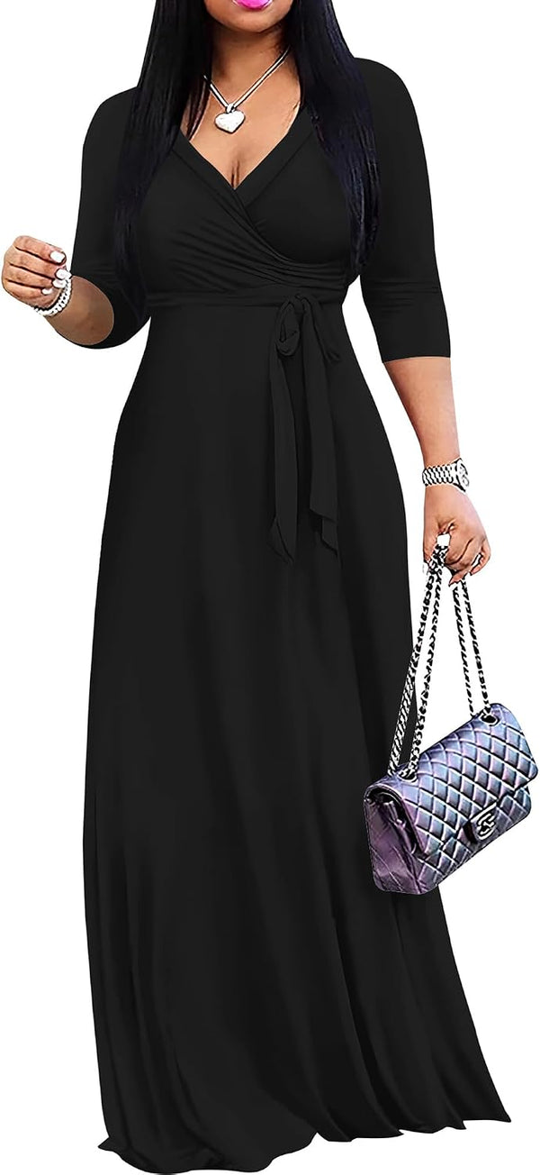 PinkPatty Women's Plus Size V Neck 3/4 Sleeve Boho Maxi Dress with Pockets
