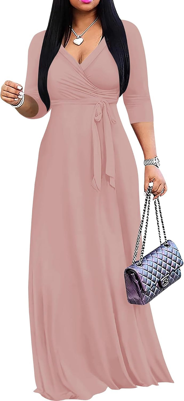 PinkPatty Women's Plus Size V Neck 3/4 Sleeve Boho Maxi Dress with Pockets