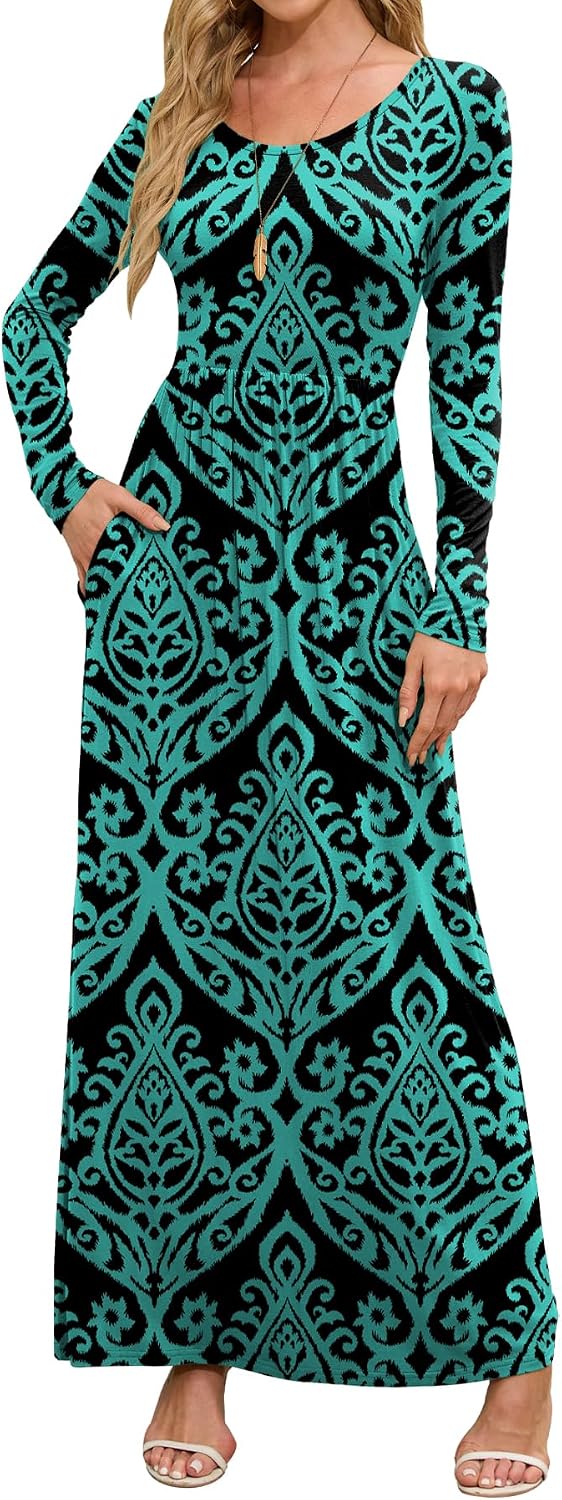 DEARCASE Women's Maxi Dress Long Sleeve Crewneck Empire Waist Long Dresses