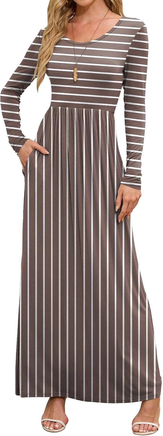 DEARCASE Women's Maxi Dress Long Sleeve Crewneck Empire Waist Long Dresses