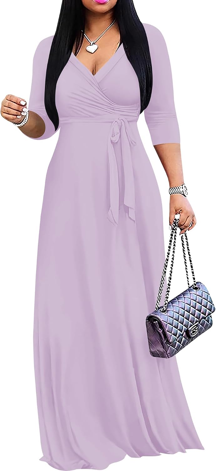 PinkPatty Women's Plus Size V Neck 3/4 Sleeve Boho Maxi Dress with Pockets