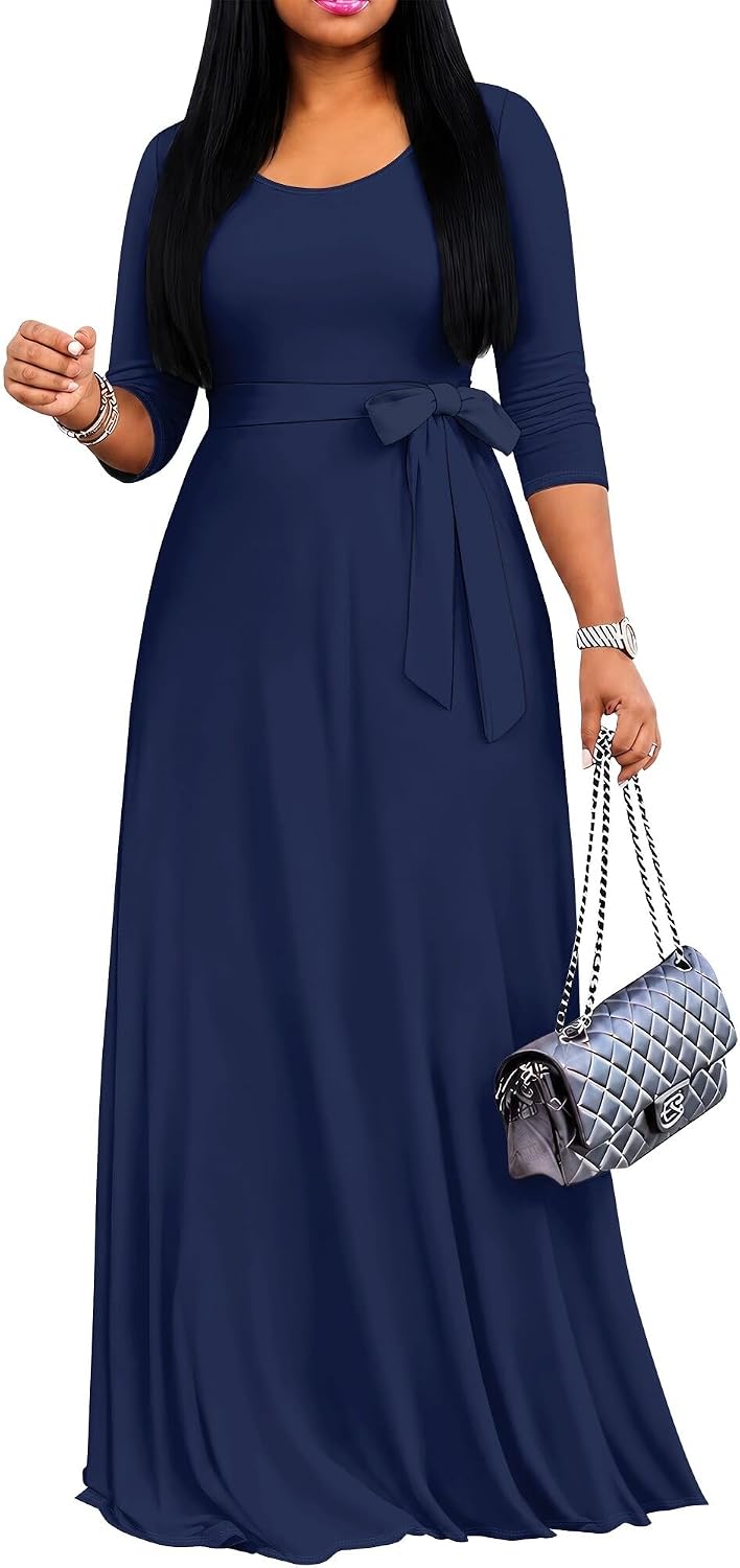 PinkPatty Women's Plus Size V Neck 3/4 Sleeve Boho Maxi Dress with Pockets