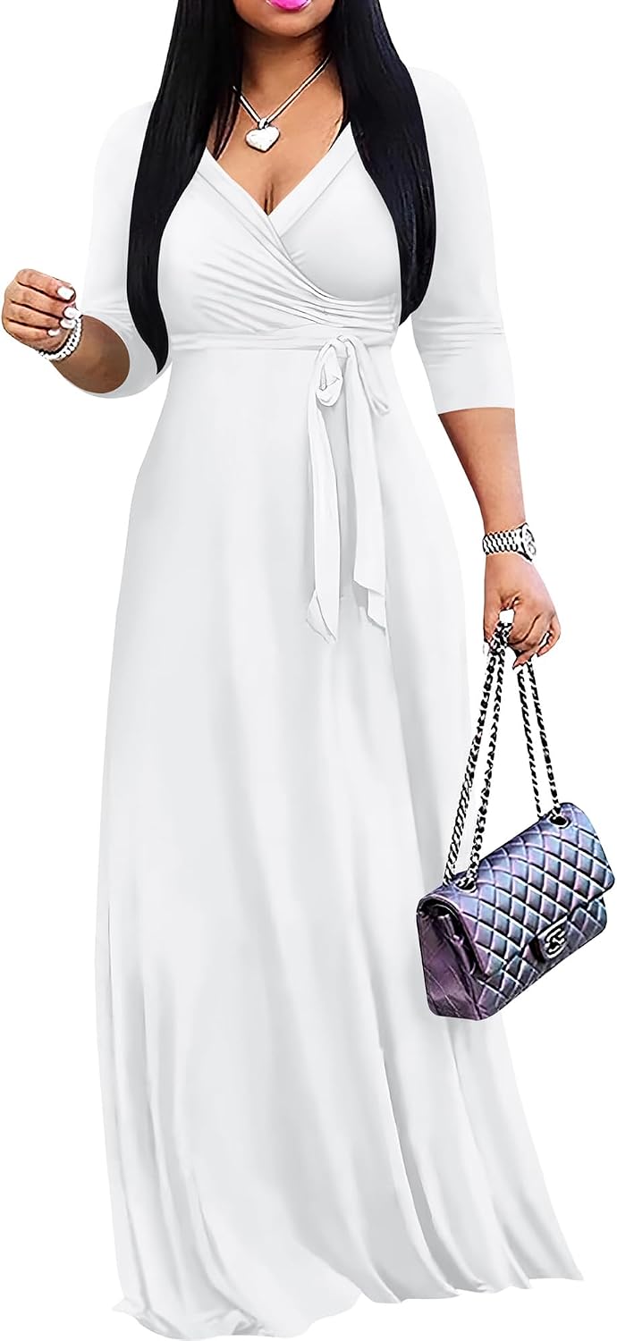 PinkPatty Women's Plus Size V Neck 3/4 Sleeve Boho Maxi Dress with Pockets