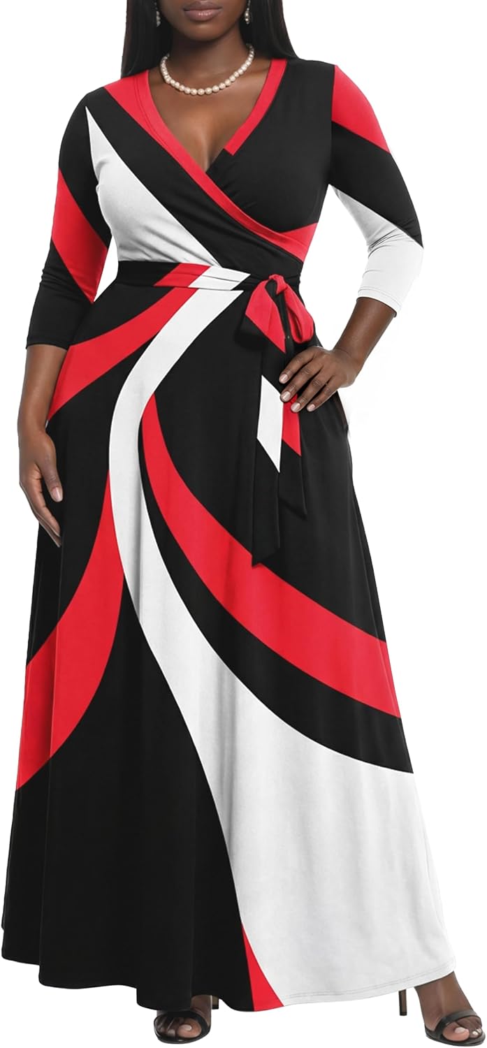 AOMONI Women's Maxi Dresses Summer Casual Wrap Tie Waist Long Dress