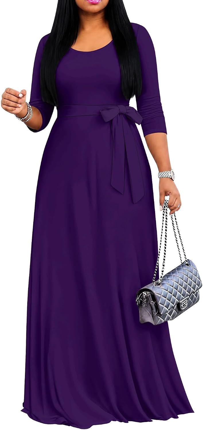 PinkPatty Women's Plus Size V Neck 3/4 Sleeve Boho Maxi Dress with Pockets