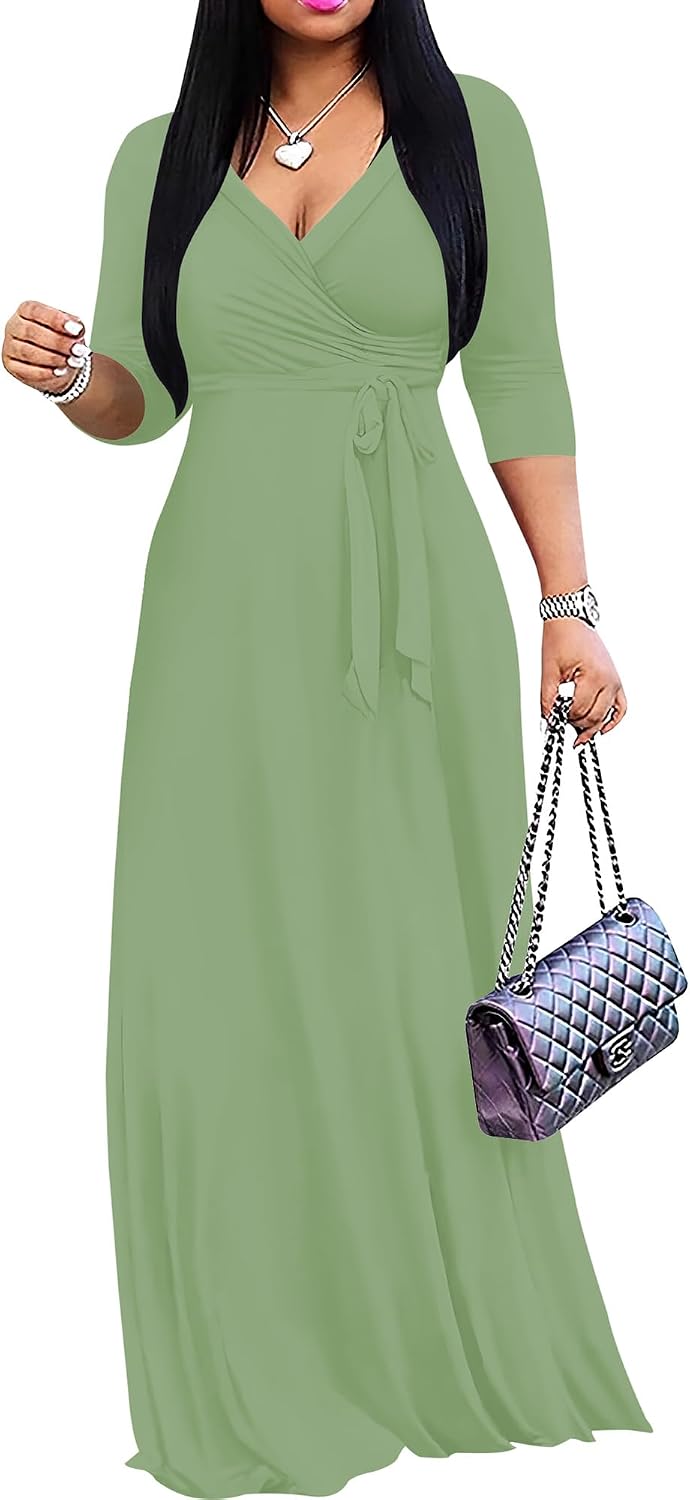 PinkPatty Women's Plus Size V Neck 3/4 Sleeve Boho Maxi Dress with Pockets