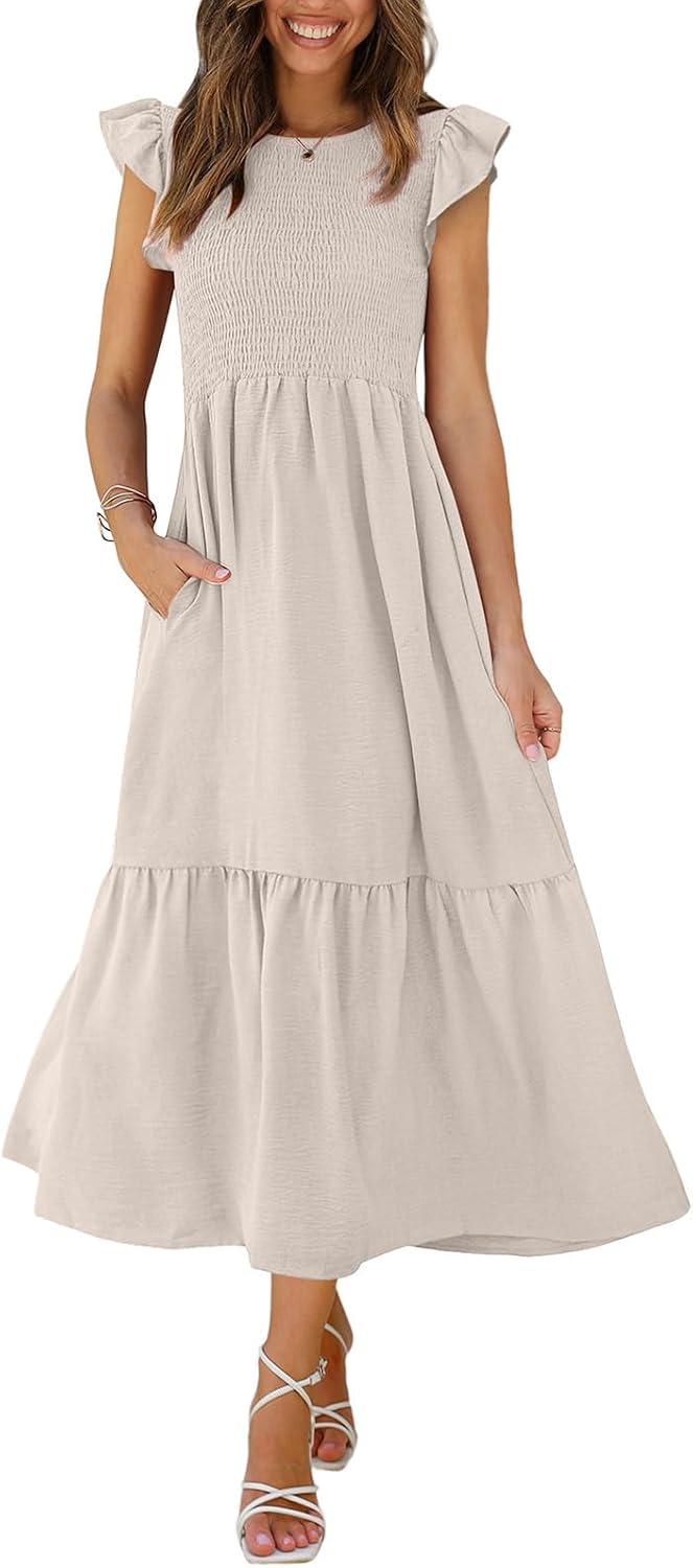 OFEEFAN Women's Casual Maxi Dresses with Pockets Ruffle Sleeve Smocked Dress XS-2XL
