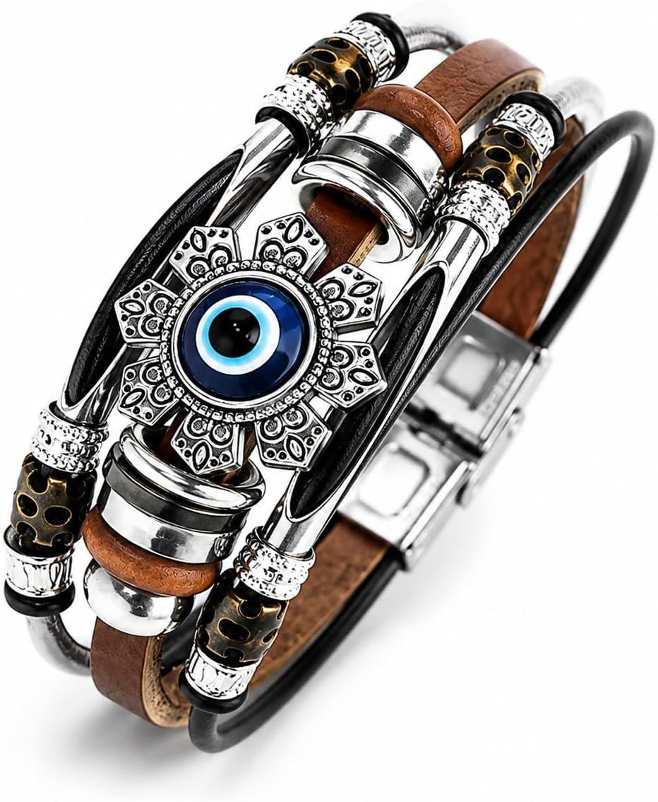 Retro Guitar Leather Bracelet for Man Women Unique Bead Braided Handmade Ethnic Tribal Cuff Multi-Layer Cords Wrap Music Shape Punk Rock Jewelry Gifts Wristband