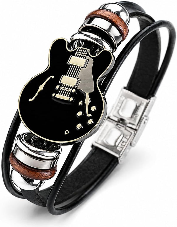 Retro Guitar Leather Bracelet for Man Women Unique Bead Braided Handmade Ethnic Tribal Cuff Multi-Layer Cords Wrap Music Shape Punk Rock Jewelry Gifts Wristband