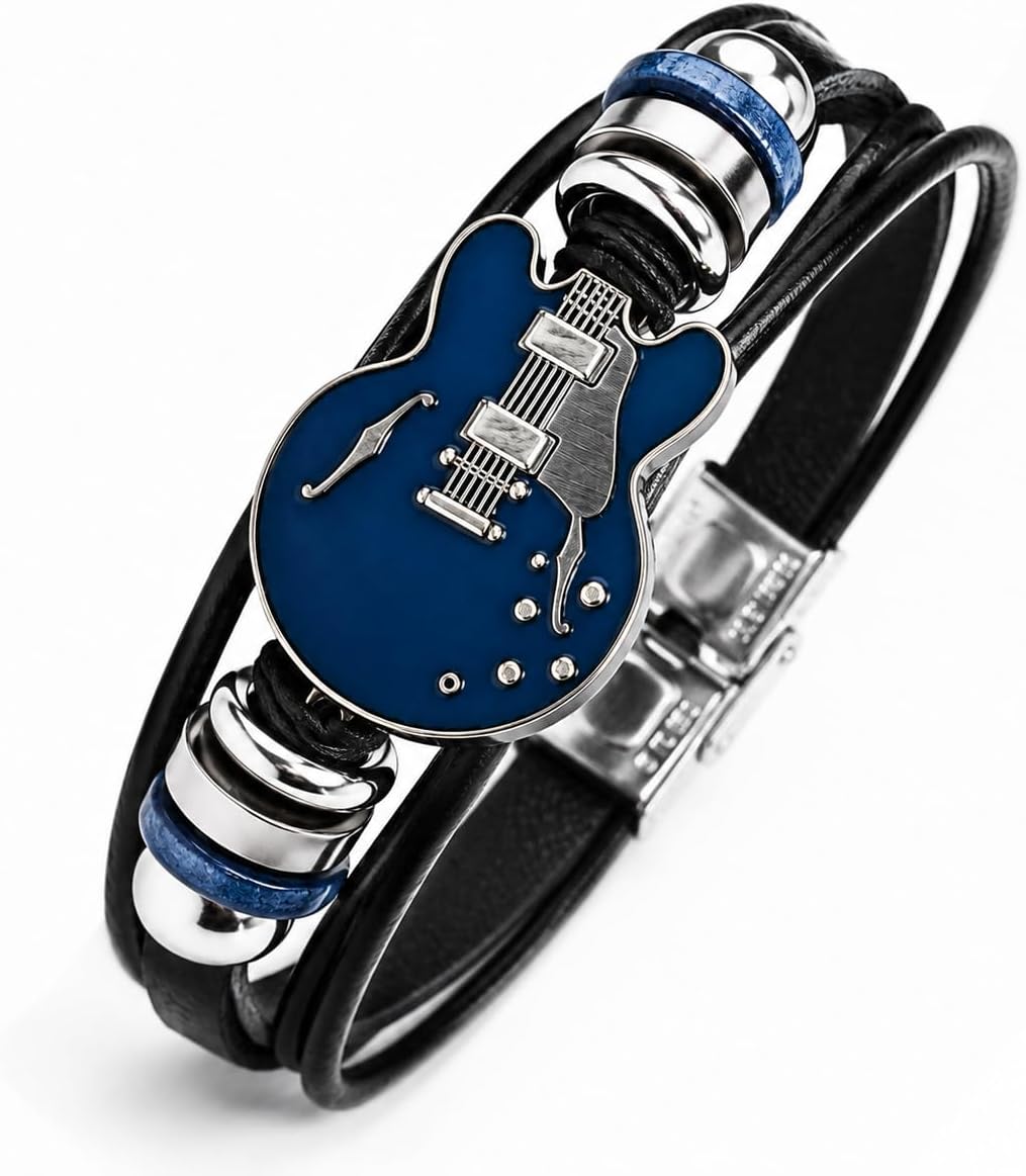 Retro Guitar Leather Bracelet for Man Women Unique Bead Braided Handmade Ethnic Tribal Cuff Multi-Layer Cords Wrap Music Shape Punk Rock Jewelry Gifts Wristband
