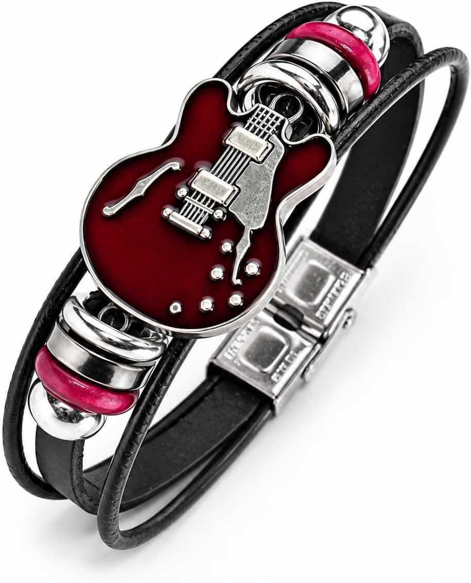 Retro Guitar Leather Bracelet for Man Women Unique Bead Braided Handmade Ethnic Tribal Cuff Multi-Layer Cords Wrap Music Shape Punk Rock Jewelry Gifts Wristband