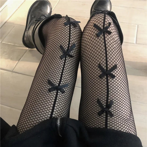 Kawaii Gothic Bow Knot Hollow Fishnet Pantyhose