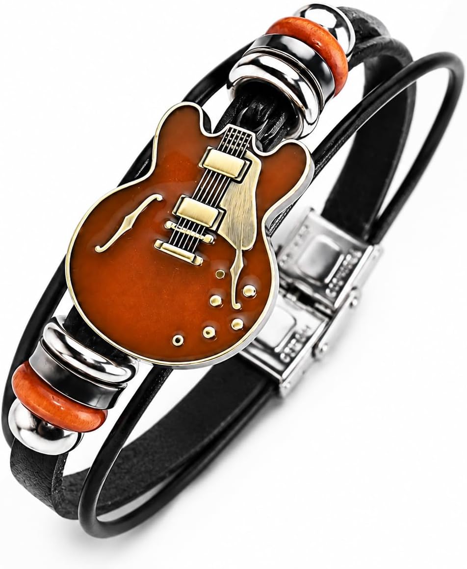 Retro Guitar Leather Bracelet for Man Women Unique Bead Braided Handmade Ethnic Tribal Cuff Multi-Layer Cords Wrap Music Shape Punk Rock Jewelry Gifts Wristband