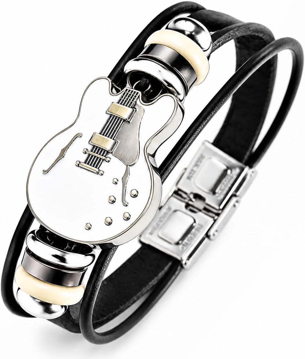 Retro Guitar Leather Bracelet for Man Women Unique Bead Braided Handmade Ethnic Tribal Cuff Multi-Layer Cords Wrap Music Shape Punk Rock Jewelry Gifts Wristband