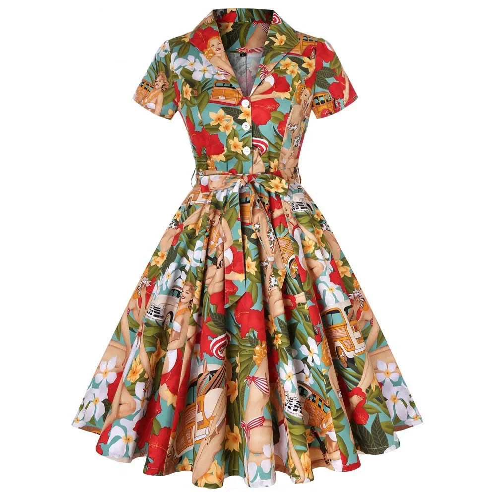 Printed Vintage Swing Dress - 1950s Rockabilly Pin-Up Style
