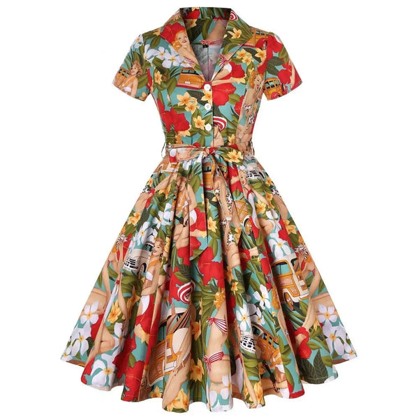 Printed Vintage Swing Dress - 1950s Rockabilly Pin-Up Style