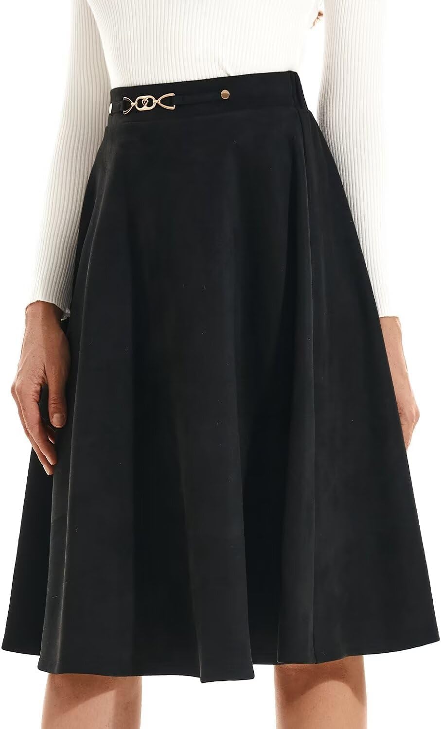 DIASHINY Faux Suede Knee Length Skirt for Women High Waist Flared Stretch A Line Midi Skater Skirts