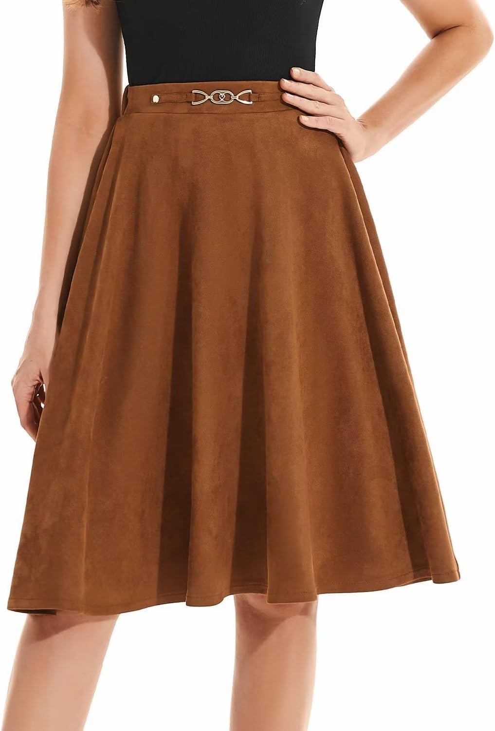 DIASHINY Faux Suede Knee Length Skirt for Women High Waist Flared Stretch A Line Midi Skater Skirts