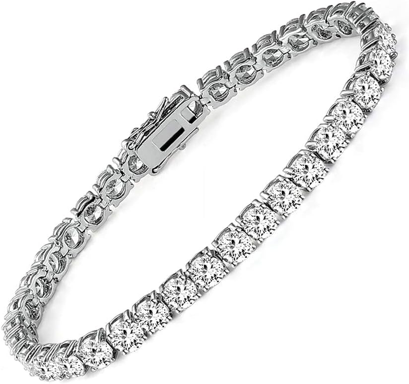 18k White Gold Plated CZ Tennis Bracelet, 4MM Cubic Zirconia Charm Bracelet for Women Men