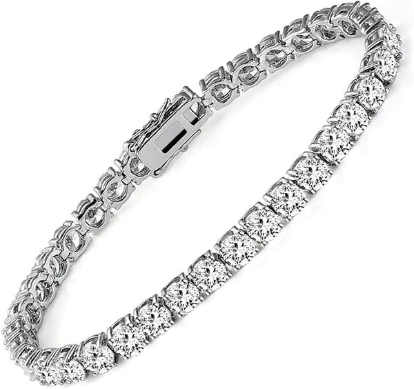 18k White Gold Plated CZ Tennis Bracelet, 4MM Cubic Zirconia Charm Bracelet for Women Men