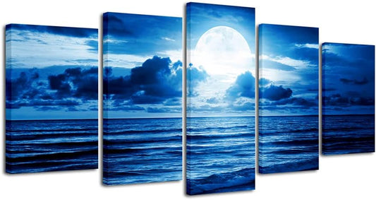 Blue Clouds 5-Piece Canvas Wall Art — Moon Sea Beach Landscape (Modern Art Deco)