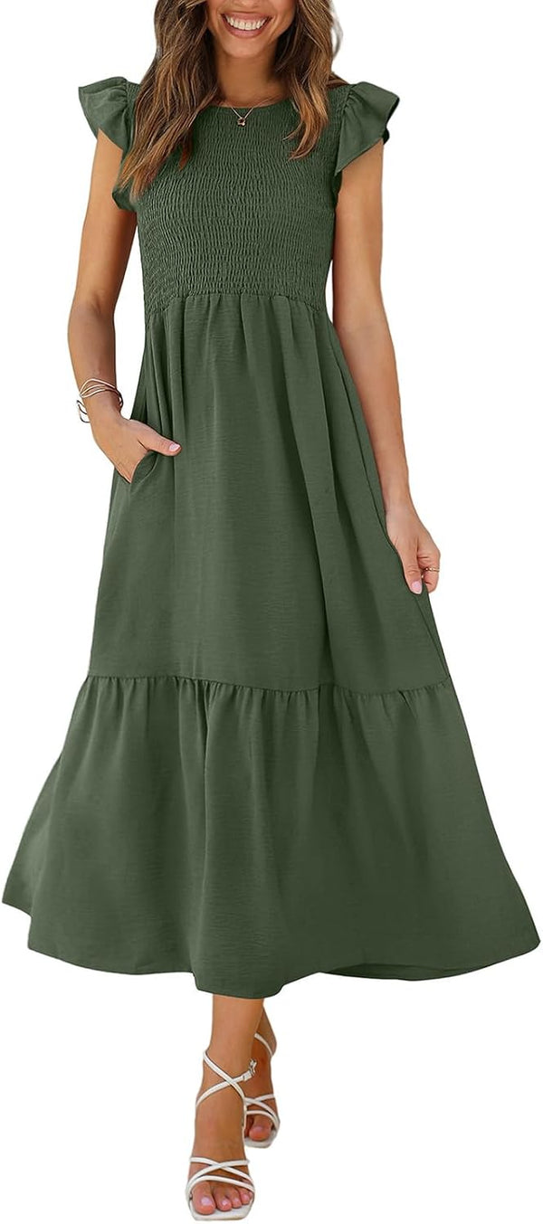 OFEEFAN Women's Casual Maxi Dresses with Pockets Ruffle Sleeve Smocked Dress XS-2XL