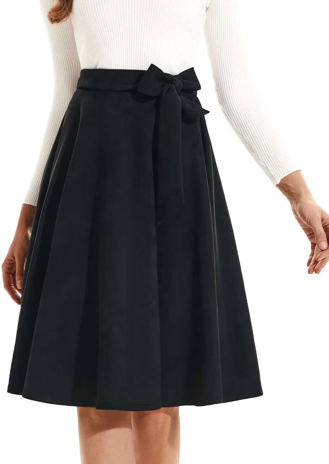 DIASHINY Faux Suede Knee Length Skirt for Women High Waist Flared Stretch A Line Midi Skater Skirts