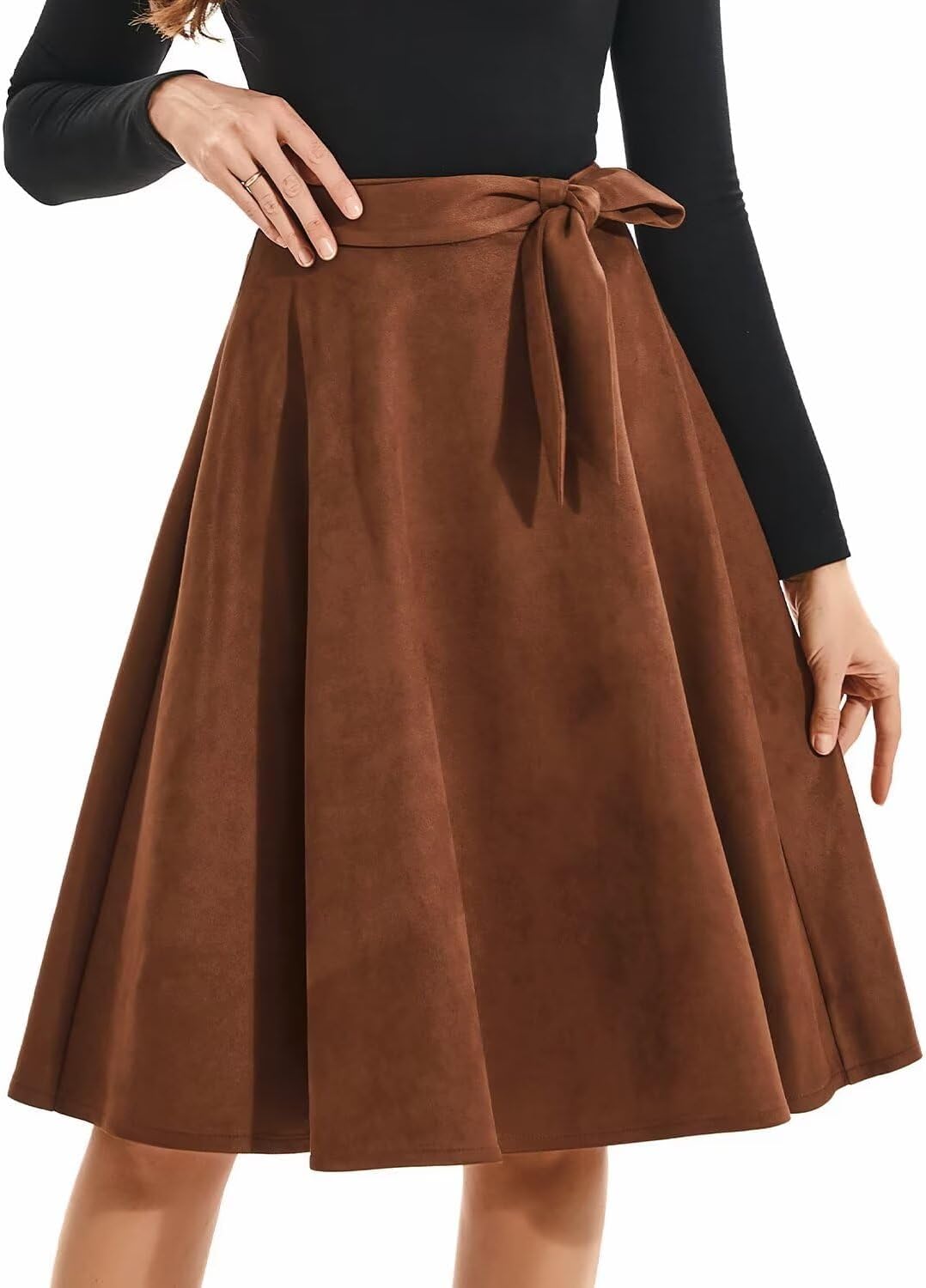 DIASHINY Faux Suede Knee Length Skirt for Women High Waist Flared Stretch A Line Midi Skater Skirts
