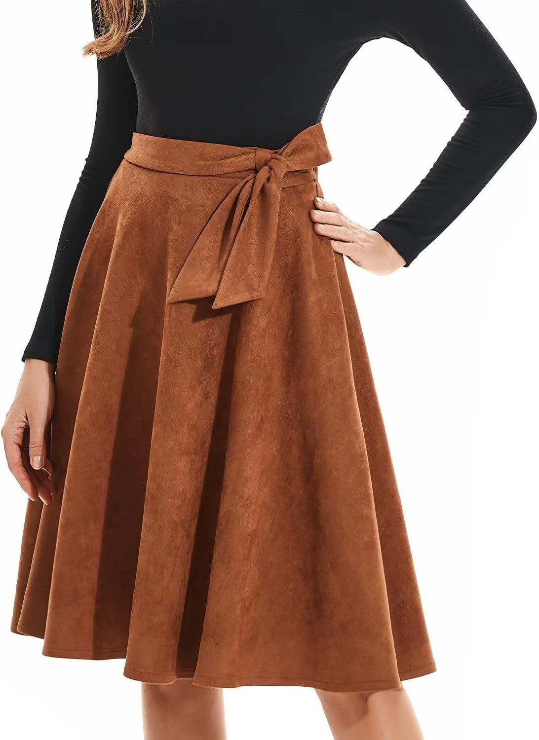 DIASHINY Faux Suede Knee Length Skirt for Women High Waist Flared Stretch A Line Midi Skater Skirts