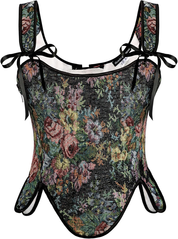 Renaissance Floral Lace-Up Bustier with Zipper