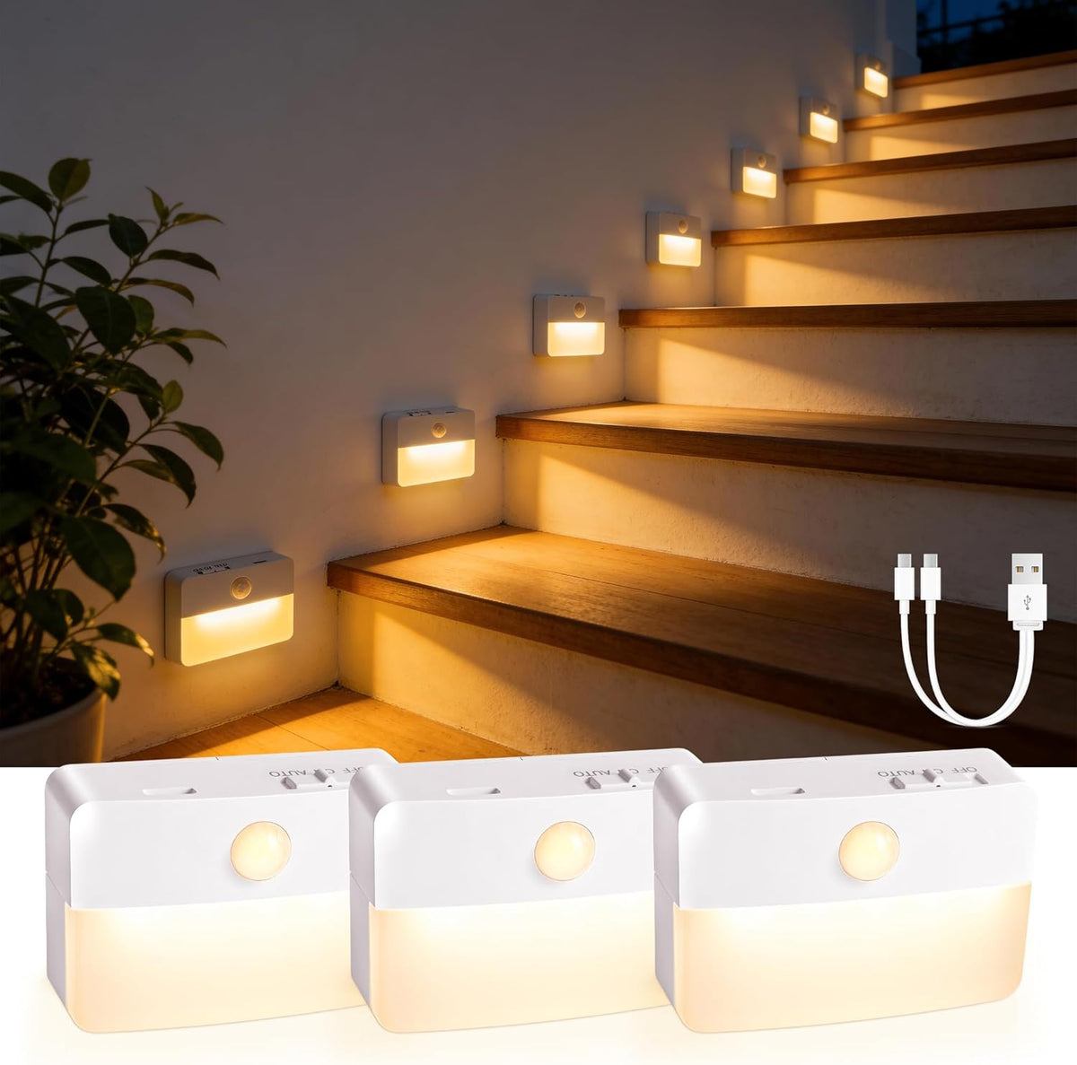 8 Pack Motion Sensor Stair LED Light, Wireless Stick on Anywhere Hallway Lamp, Portable LED Night...