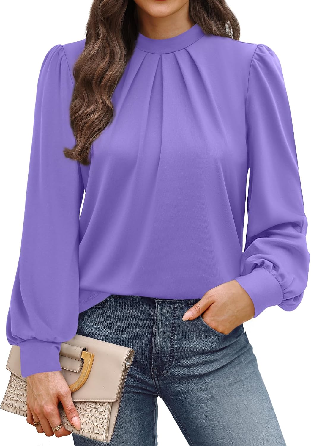 WIHOLL Long Sleeve Shirts for Women Mock Neck Tops Pleated Front Blouses Dressy Casual Spring Fall Clothes 2026 Fashion